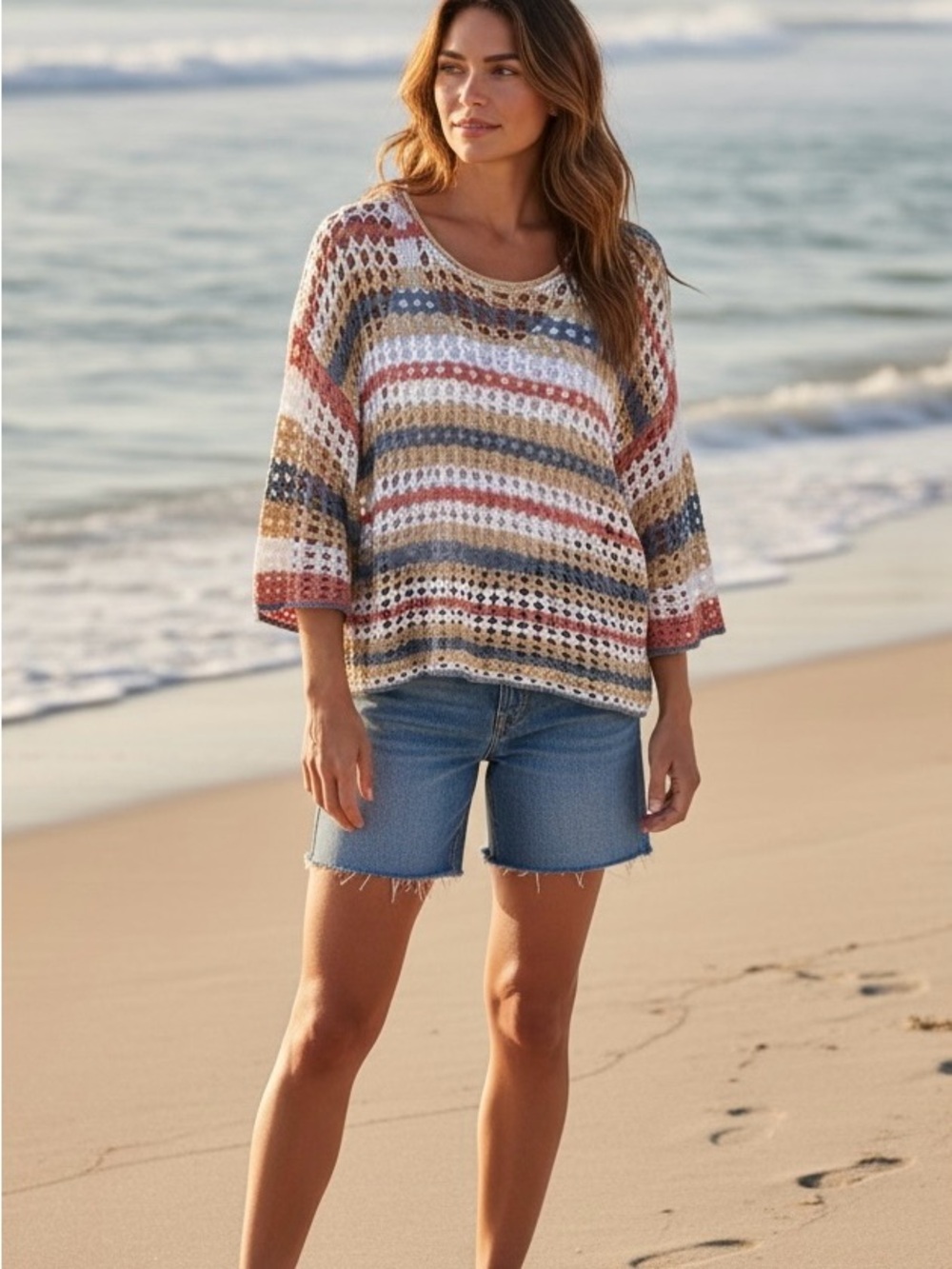 Boho Coastal Crochet Open Knit Sweater Beach Cover Up Size M